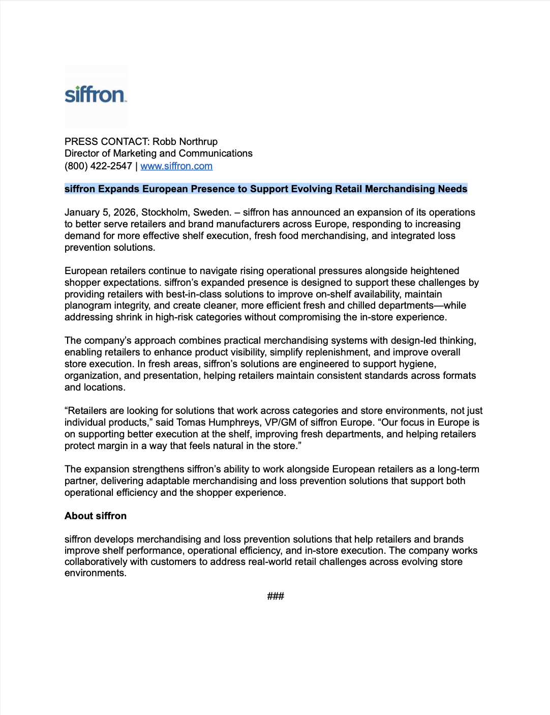 siffron Expands European Presence to Support Evolving Retail Merchandising Needs