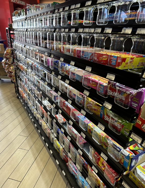 Locked retail display case merchandising products